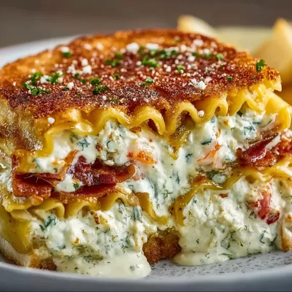 A plate of food with a shrimp and crab alfredo lasagna roll-up.