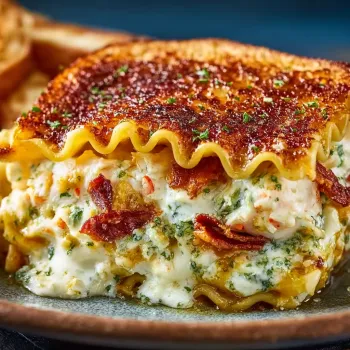 A delicious shrimp and crab alfredo lasagna roll-up.