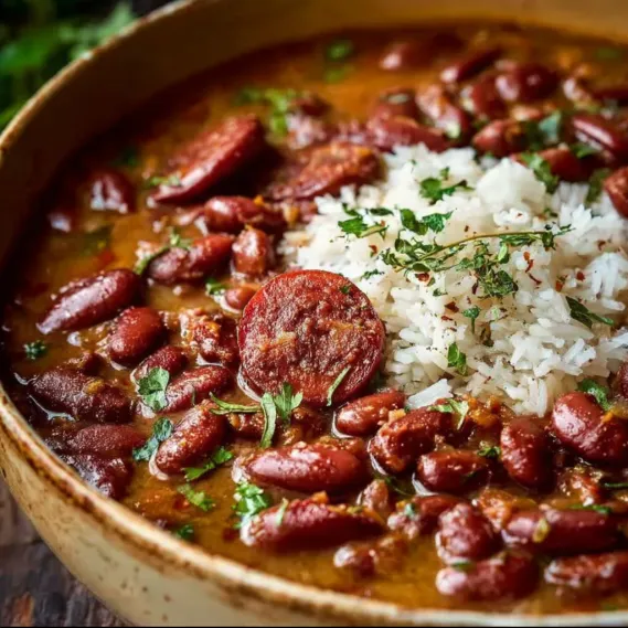 A bowl of red beans and rice.