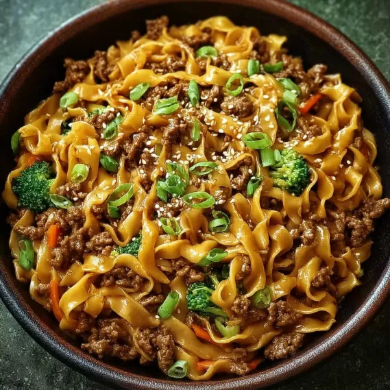 A bowl of Mongolian ground beef noodles.