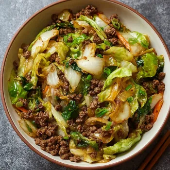 A bowl of Chinese ground beef and cabbage stir-fry.