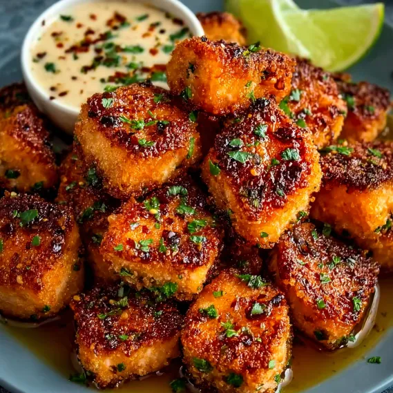 A plate of sweet and spicy crispy salmon nuggets.
