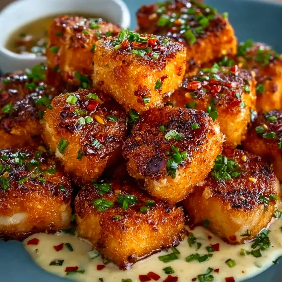 A plate of sweet and spicy crispy salmon nuggets.