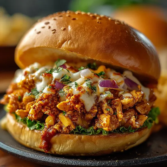 A burger with Cajun Chicken Sloppy Joes.