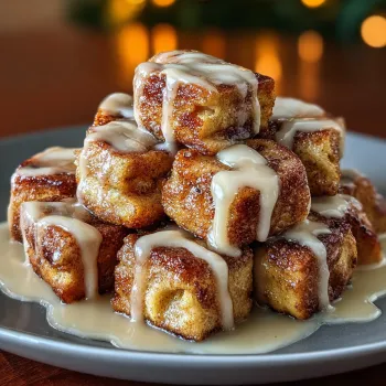 A stack of cinnamon roll french toast bites.