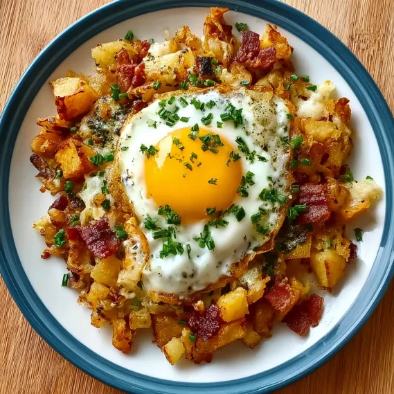 A plate of bacon, egg, and potato hash.