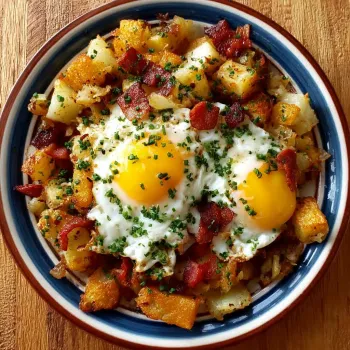 A plate of bacon, egg, and potato hash.