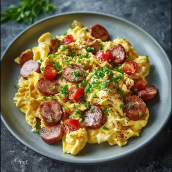 A plate of scrambled eggs with kielbasa.