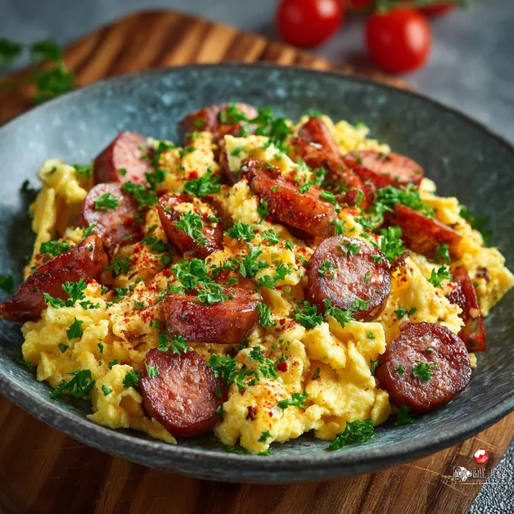 A bowl of scrambled eggs with kielbasa.