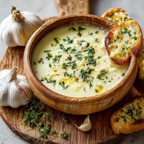 A bowl of garlic sauce with bread and garlic.