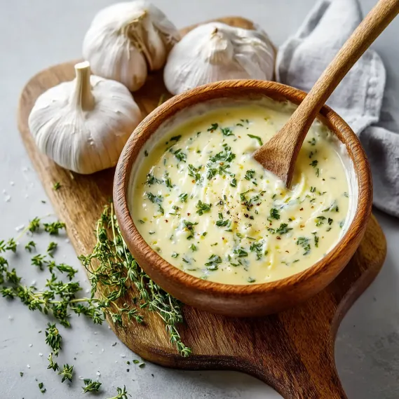 A wooden bowl filled with garlic sauce.