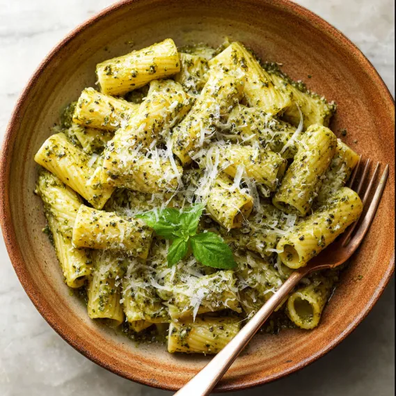 A bowl of pasta with pesto sauce.