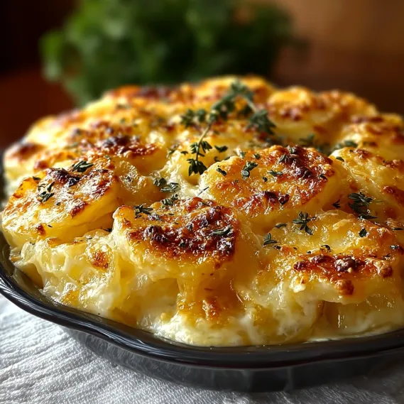 A dish of slow-cooked cheesy scalloped potatoes.