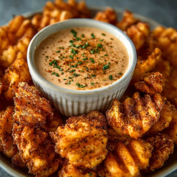 A bowl of onion rings with a dipping sauce.