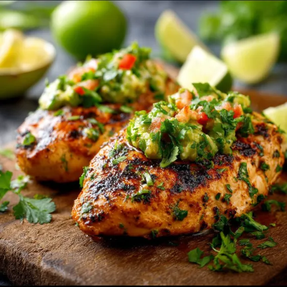 A plate of grilled chicken with cilantro lime sauce.