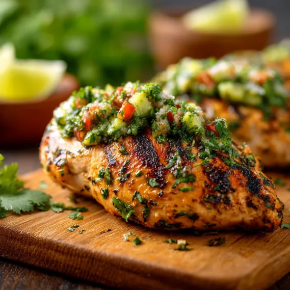 A piece of grilled chicken with cilantro lime sauce.