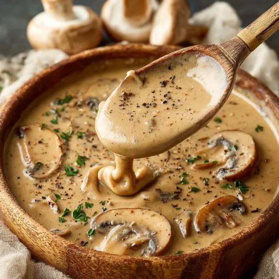 A wooden bowl filled with mushrooms and cream.