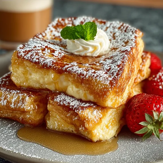 French toast roll ups with powdered sugar and strawberries.