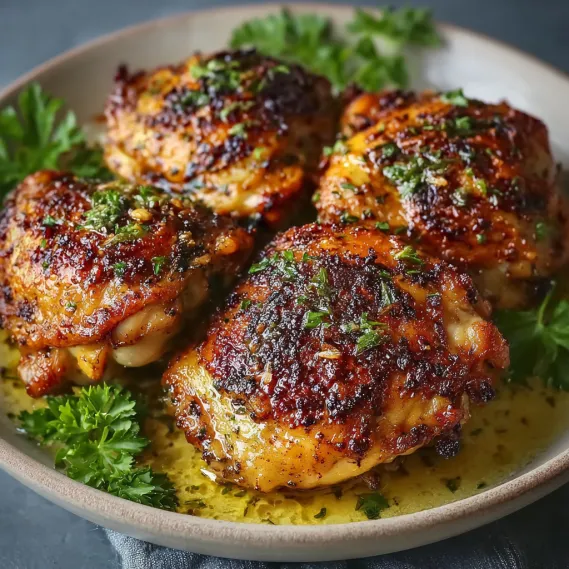 A plate of baked boneless chicken thighs.