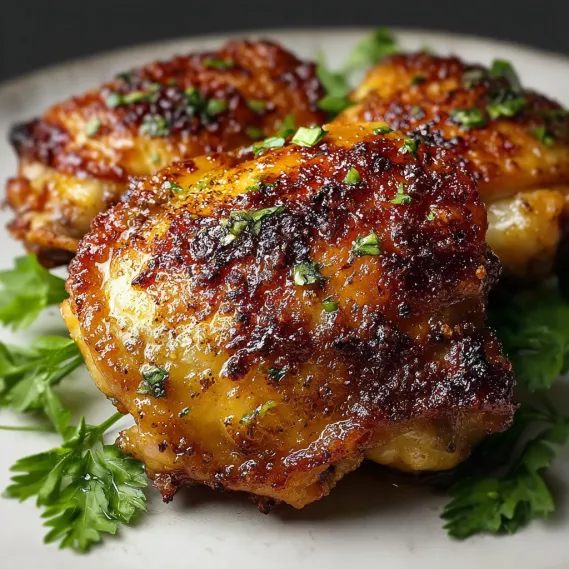 Baked boneless chicken thighs on a plate.