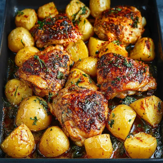 A dish of baked chicken thighs and potatoes.