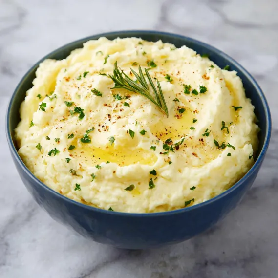 A bowl of mashed potatoes with cream cheese.