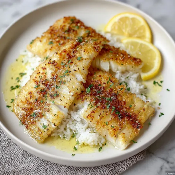 A plate of fish with lemon wedges on top.