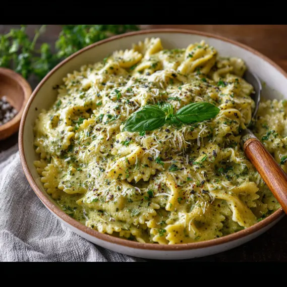A bowl of pasta with pesto cream sauce.