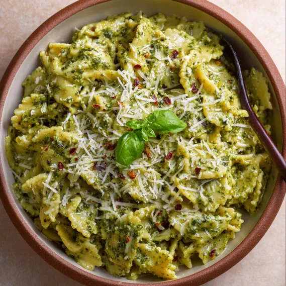 A bowl of pasta with pesto cream sauce.