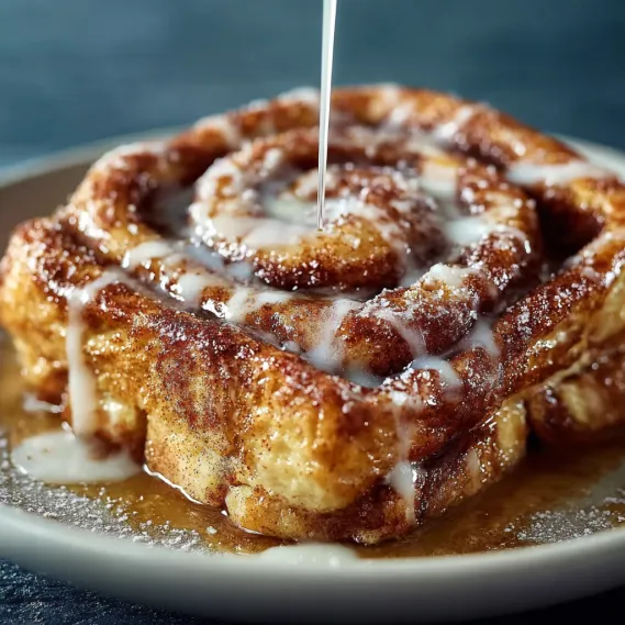 A cinnamon roll is being drizzled with syrup.