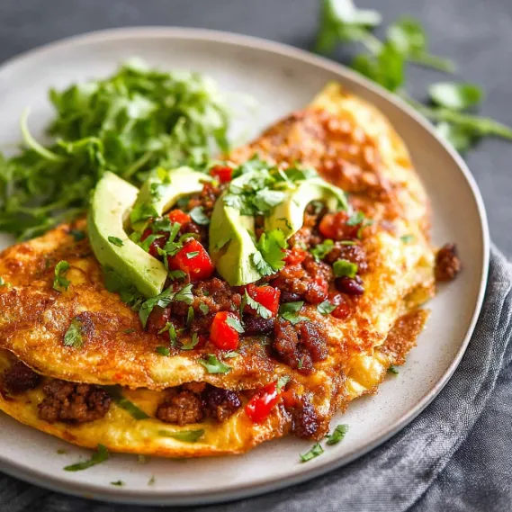 A plate of food with a chorizo omelette and a salad.