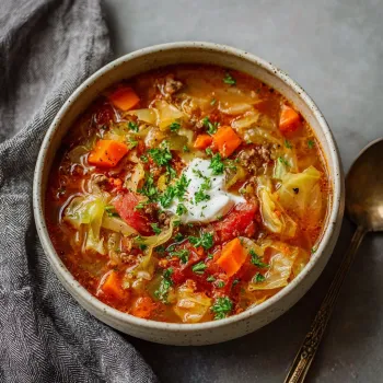 A bowl of soup with a spoon in it.