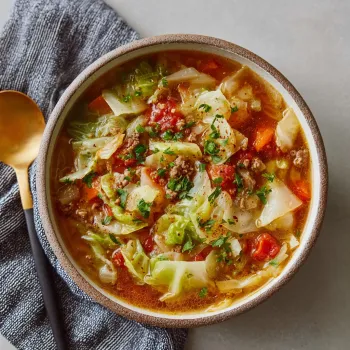A bowl of soup with a spoon in it.