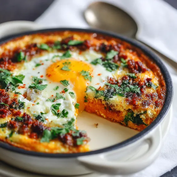 A slice of chorizo and butternut squash baked eggs.
