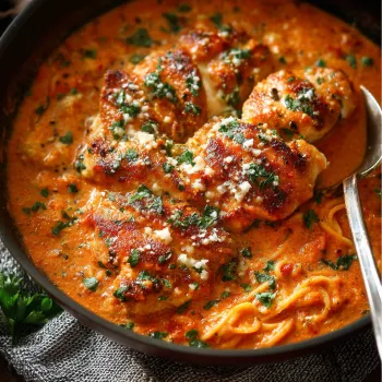 A bowl of chicken with creamy tomato sauce.