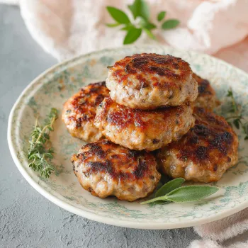 A stack of pork sausage on a plate.