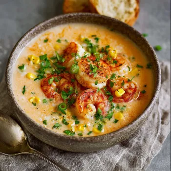 A bowl of soup with shrimp and corn.