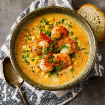 A bowl of soup with shrimp and corn.