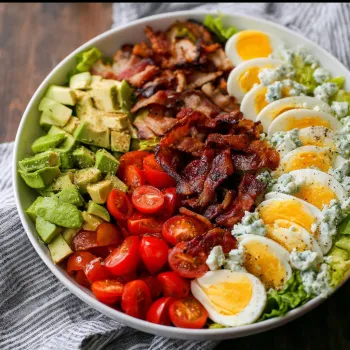 A bowl of food with eggs, bacon, tomatoes, and avocado.