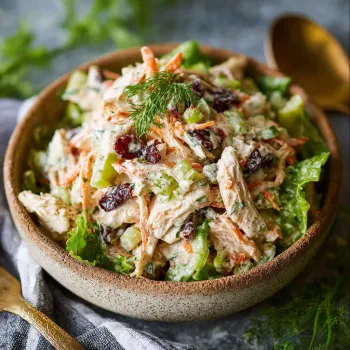 A bowl of chicken salad with carrots and cranberries.