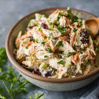 A bowl of hearty chicken salad.