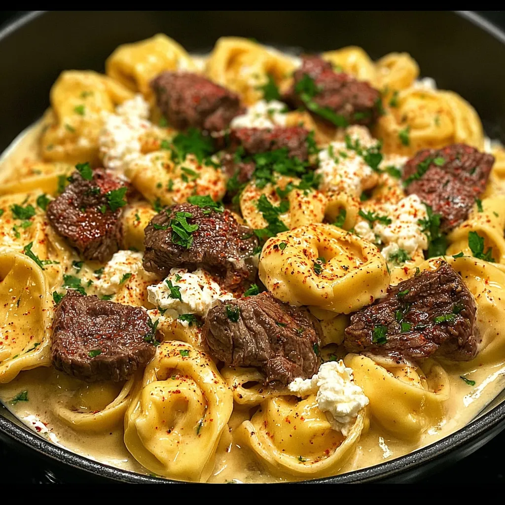 cheesesteak tortellini in rich provolone sauce