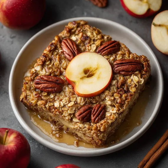 A square piece of baked apple oatmeal with a slice of apple on top.