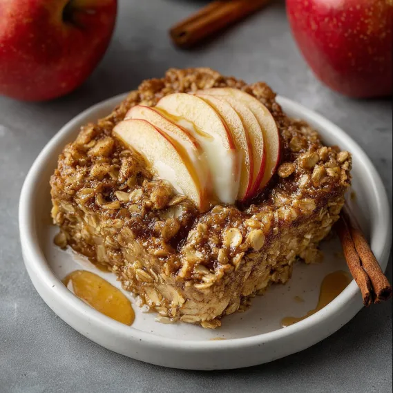 A bowl of baked apple oatmeal with a spoon in it.