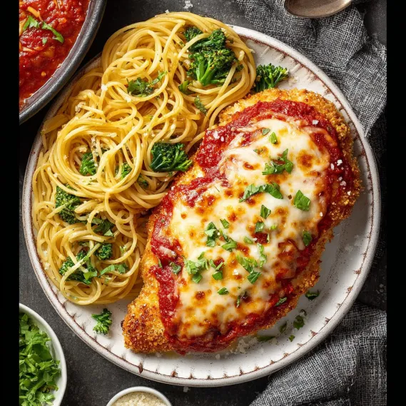 A plate of food with chicken and pasta.