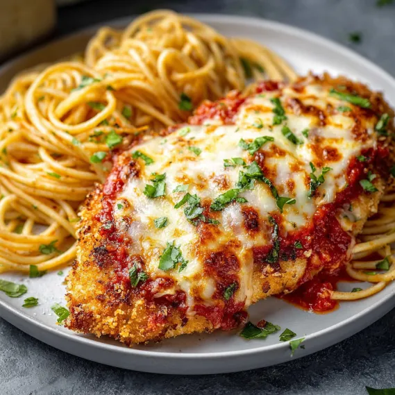 A plate of chicken parmesan with spaghetti noodles.