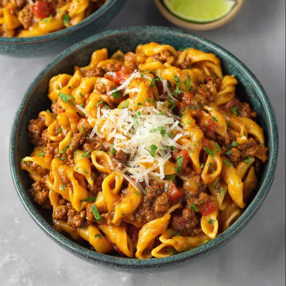A bowl of pasta with meat and cheese.