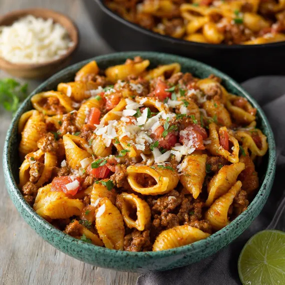 A bowl of pasta with meat and tomatoes.