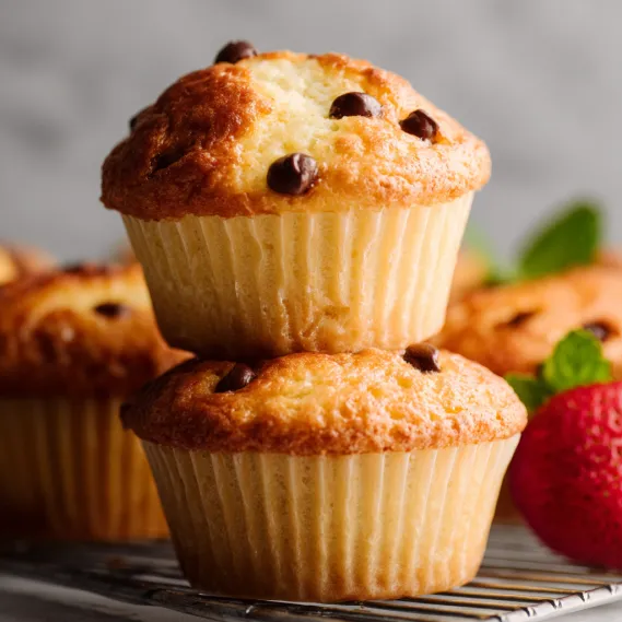 Three muffins with chocolate chips on top.