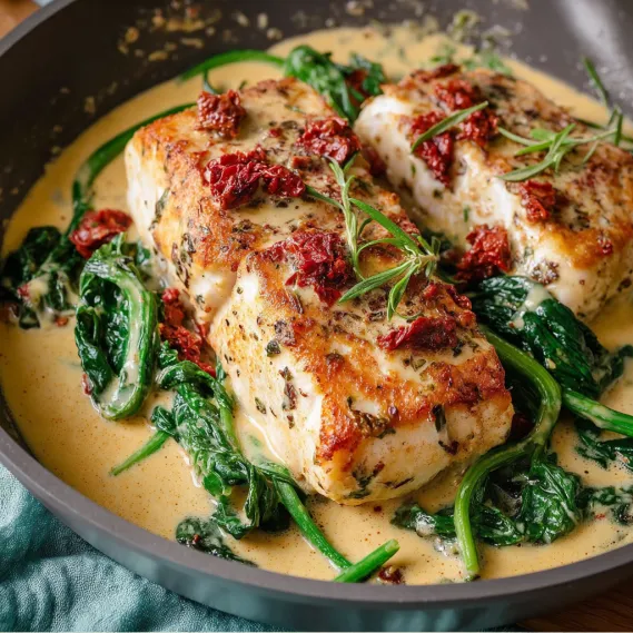 A dish of fish with a creamy sauce.